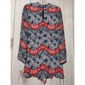 Boho Paisley Print Romper Dress Ladied 4 Long Sheer‎ Sleeve Red Blue Festival